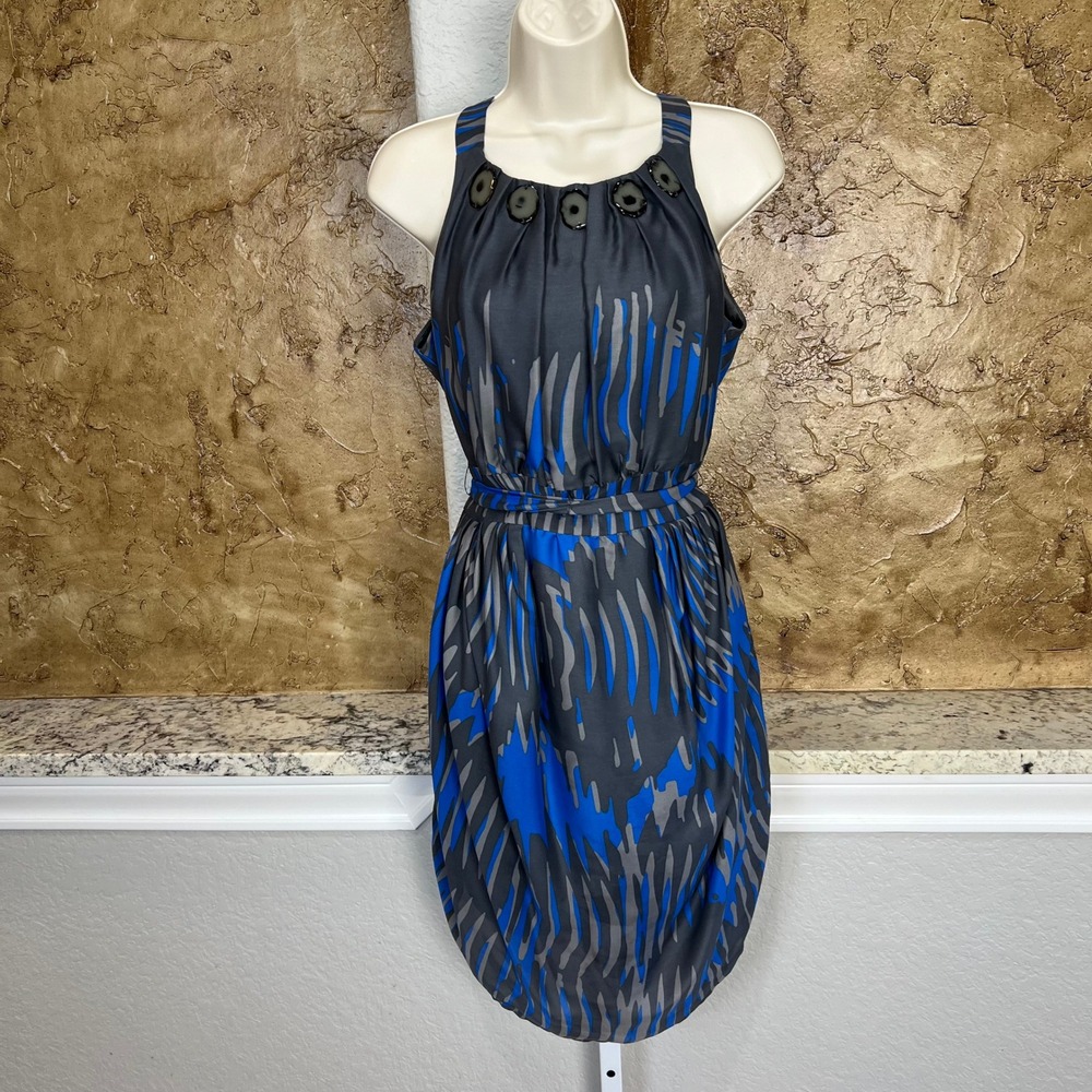 Eva Franco Cocktail Dress 6‎ Blue Gray Abstract Belted Embellished Anthropologie
